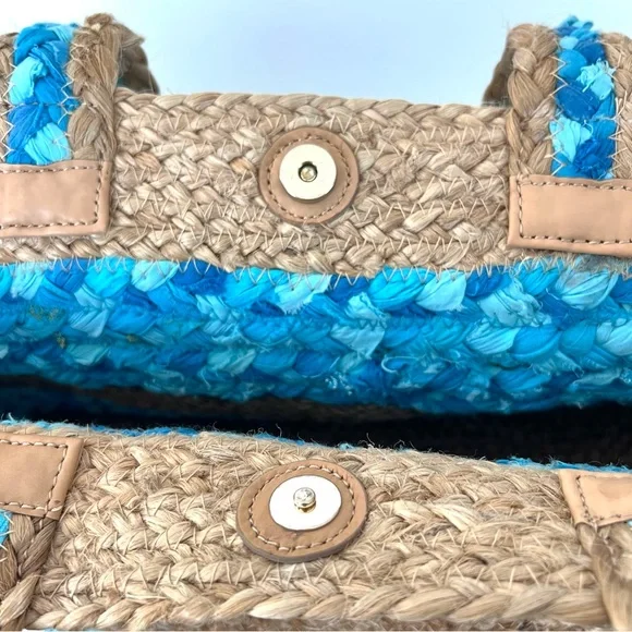 CHICO’S Beige Woven Jute Raffia Turquoise Blue Fabric Beach Travel Shoulder Tote - Picture 11 of 11